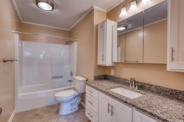 bathroom featuring tub / shower combination, toilet, vanity, and ornamental molding