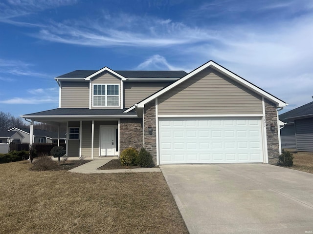 view of front of home featuring stone siding, a porch, concrete driveway, and an attached garage