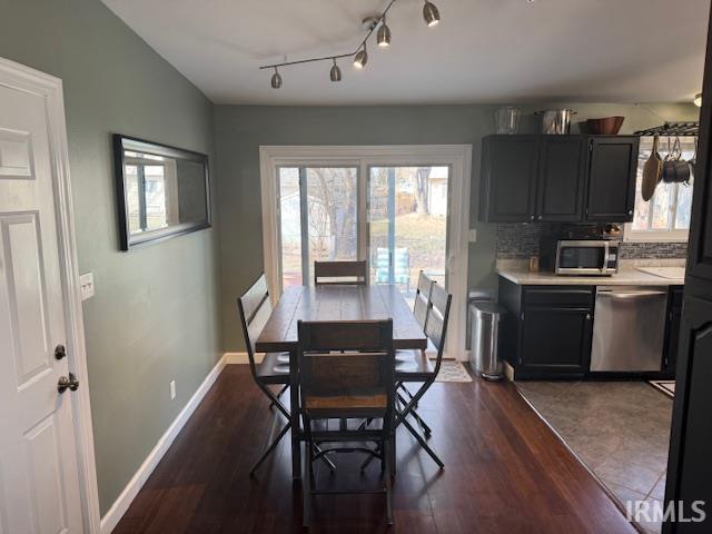 dining area with a wealth of natural light, baseboards, and dark wood-type flooring