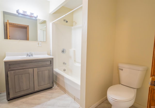 full bathroom with toilet, vanity, and bathing tub / shower combination