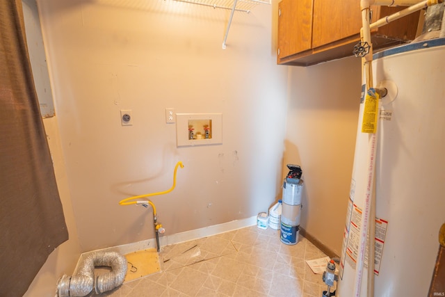 clothes washing area with gas water heater, cabinet space, baseboards, hookup for an electric dryer, and hookup for a washing machine