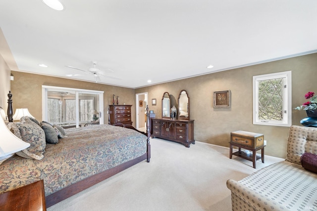 bedroom featuring a ceiling fan, baseboards, recessed lighting, crown molding, and light colored carpet