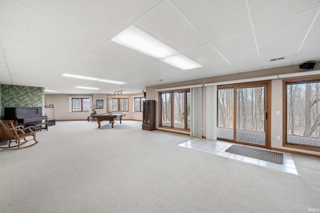 recreation room with billiards, carpet, and a drop ceiling