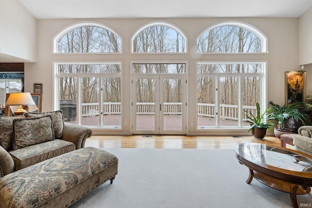 living room featuring wood finished floors, a healthy amount of sunlight, and a towering ceiling