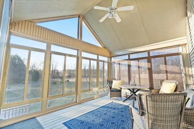 sunroom / solarium featuring lofted ceiling with beams and ceiling fan