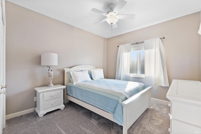 bedroom with baseboards, light colored carpet, and ceiling fan