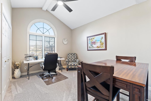 office featuring lofted ceiling with beams, baseboards, carpet floors, and a ceiling fan