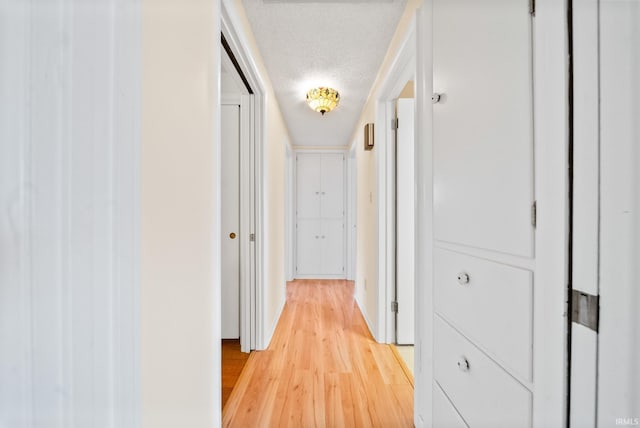 corridor featuring light wood-type flooring and a textured ceiling