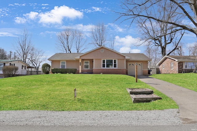 single story home with an attached garage, driveway, a front yard, and fence