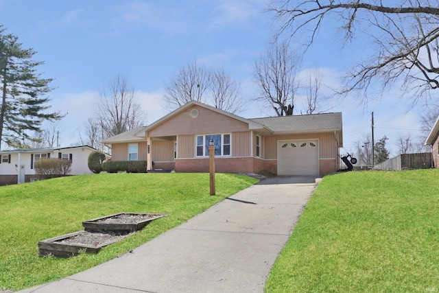 ranch-style house with a front yard, a shingled roof, concrete driveway, a garage, and brick siding