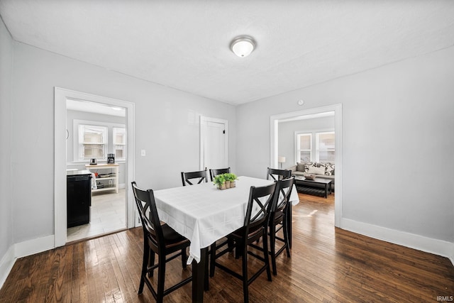 dining space with dark wood-style floors and baseboards