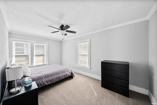 bedroom featuring carpet flooring, baseboards, and ornamental molding