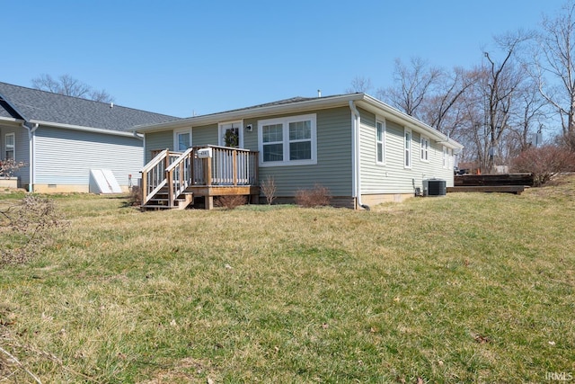 view of front of home with crawl space, central air condition unit, a front yard, and a deck