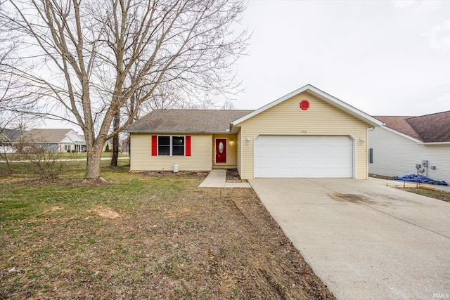 ranch-style house featuring a front yard, an attached garage, driveway, and a shingled roof