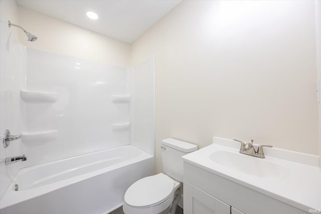 bathroom with recessed lighting, shower / bathtub combination, toilet, and vanity