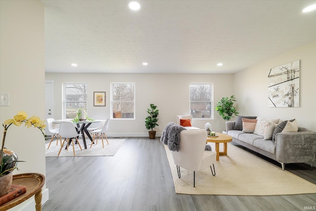 living room with recessed lighting, baseboards, and wood finished floors