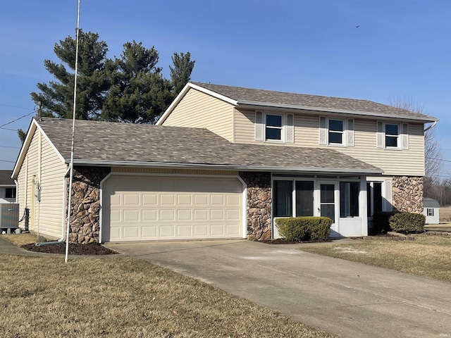 traditional home featuring stone siding, an attached garage, a shingled roof, and driveway