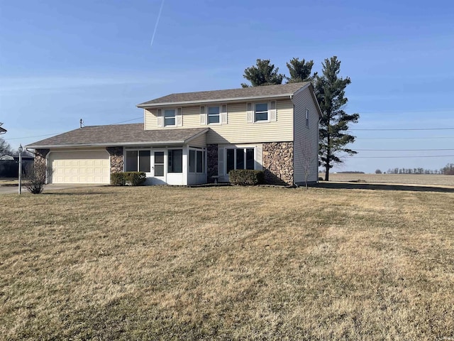 traditional home with stone siding, a garage, and a front lawn