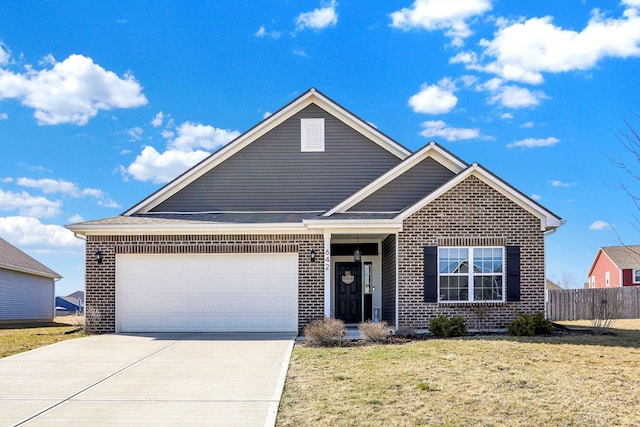 ranch-style house with brick siding, a garage, driveway, and a front yard