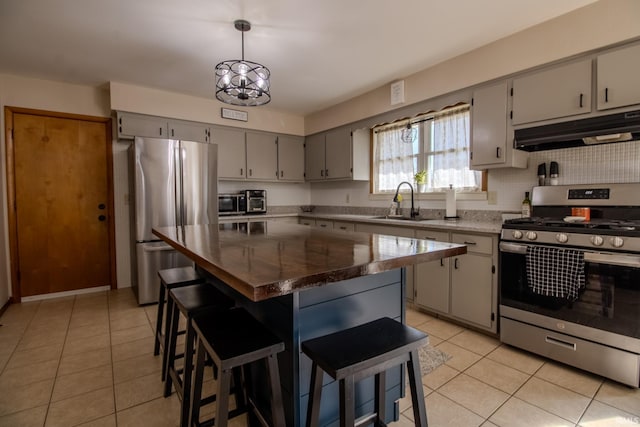 kitchen featuring under cabinet range hood, a breakfast bar area, gray cabinets, stainless steel appliances, and a sink