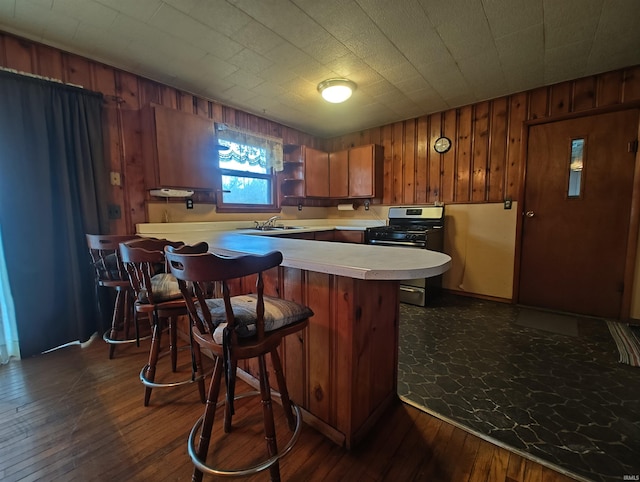 kitchen with stainless steel gas range oven, dark wood-style flooring, light countertops, and a sink