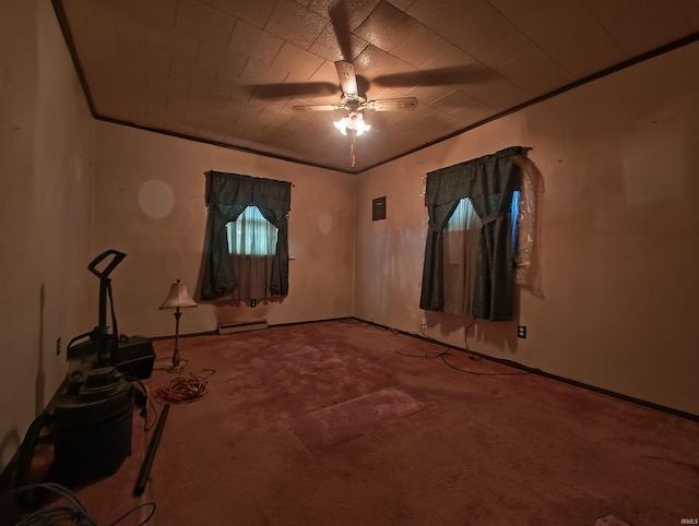 unfurnished room with carpet, ceiling fan, and ornamental molding