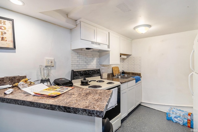 kitchen with white cabinetry, electric range, backsplash, and under cabinet range hood