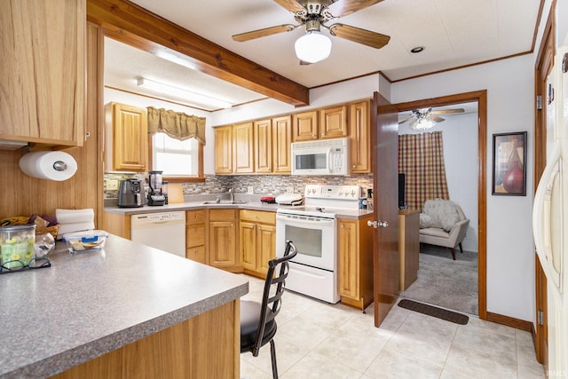 kitchen featuring ceiling fan, beam ceiling, decorative backsplash, white appliances, and a sink