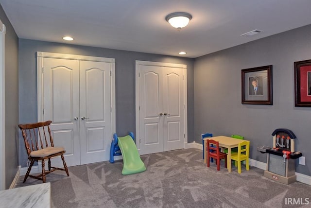 game room featuring recessed lighting, visible vents, baseboards, and carpet flooring