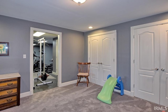 rec room with recessed lighting, baseboards, and carpet