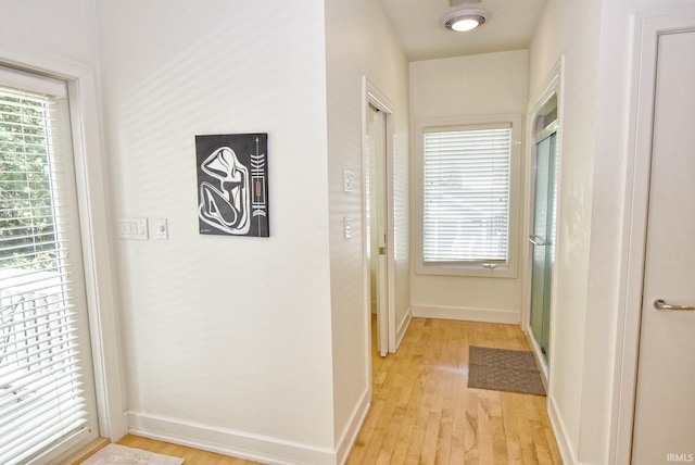 hallway featuring a healthy amount of sunlight, light wood-type flooring, and baseboards