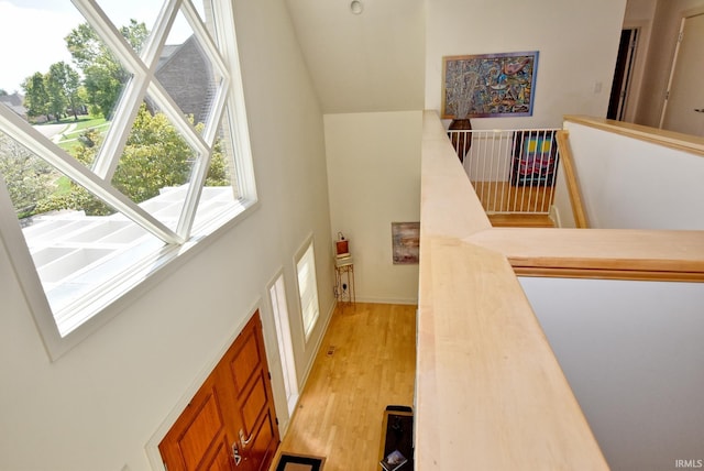 stairway with wood finished floors