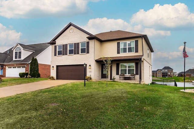 view of front of home with a front lawn, an attached garage, brick siding, and driveway