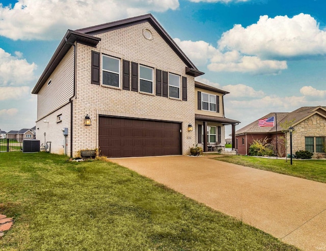 traditional home featuring central air condition unit, driveway, a front yard, a garage, and brick siding