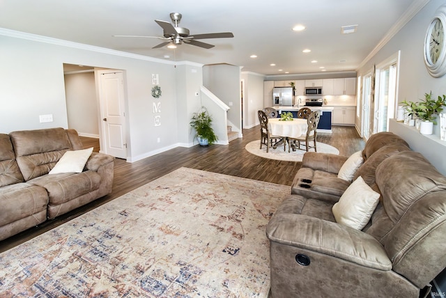 living room featuring dark wood finished floors, a ceiling fan, and ornamental molding