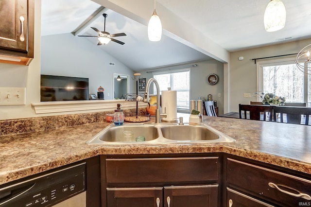 kitchen with a sink, dishwashing machine, dark brown cabinets, and vaulted ceiling with beams