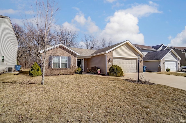 ranch-style house with brick siding, driveway, an attached garage, and a front lawn