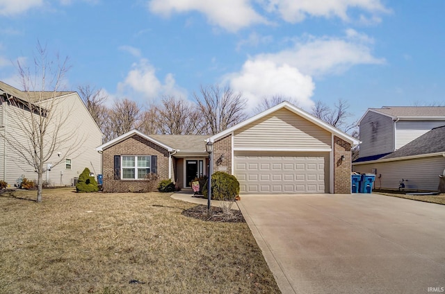 single story home with brick siding, a garage, driveway, and a front lawn