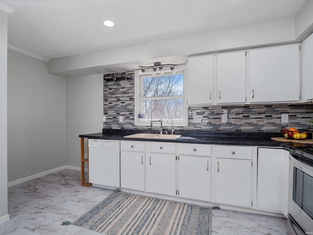 kitchen with a sink, electric range, marble finish floor, and dishwasher