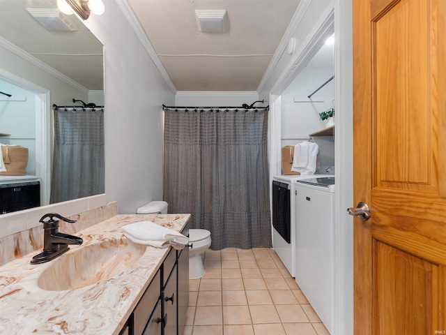 full bathroom featuring tile patterned floors, visible vents, toilet, separate washer and dryer, and crown molding