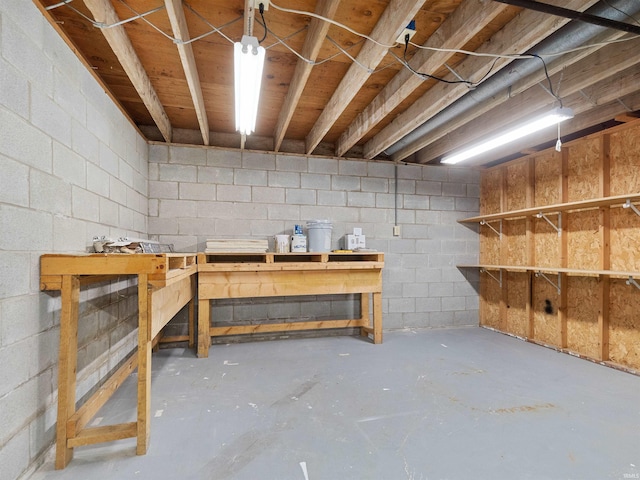 unfinished basement featuring a workshop area