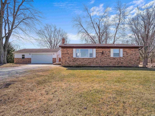 single story home featuring a front lawn, brick siding, driveway, and a chimney