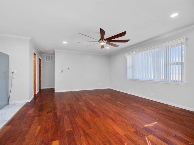 empty room with visible vents, a ceiling fan, wood finished floors, recessed lighting, and baseboards