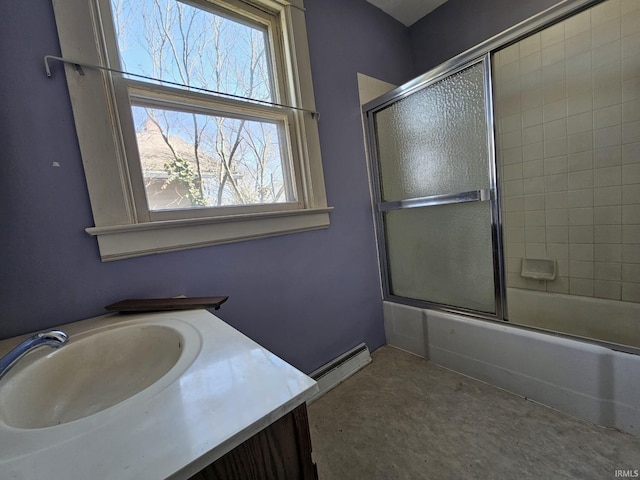 bathroom featuring combined bath / shower with glass door, vanity, and visible vents