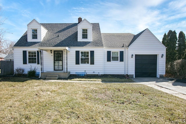 cape cod-style house featuring driveway, a front yard, a shingled roof, a garage, and a chimney