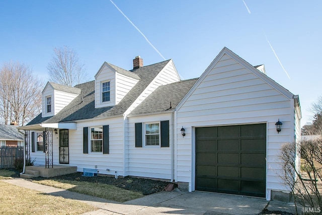 cape cod home featuring driveway, an attached garage, and a shingled roof