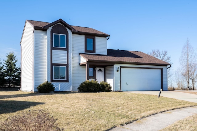 traditional-style house featuring driveway, a front yard, a garage, and a shingled roof