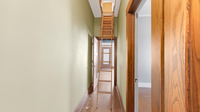 hallway with baseboards and wood finished floors