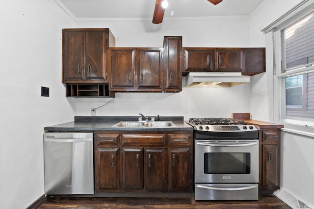 kitchen featuring dark brown cabinets, under cabinet range hood, ornamental molding, appliances with stainless steel finishes, and a sink