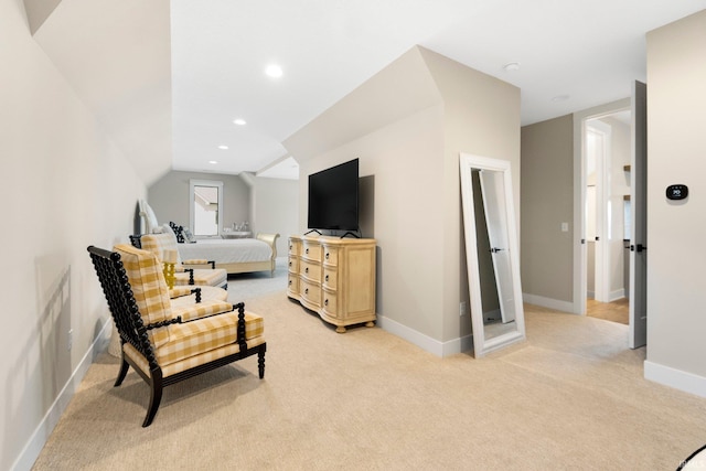 bedroom with vaulted ceiling, recessed lighting, light colored carpet, and baseboards